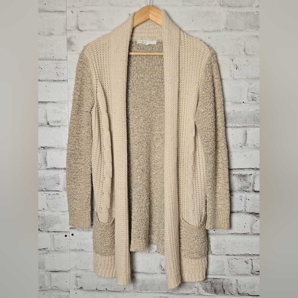 Cleo Cable Knit Open Front Cardigan Sweater Cream Tan Cozy Boho